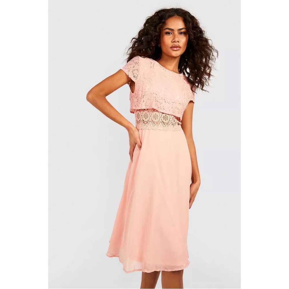 Boohoo Pink Lace Top Chiffon Skater Dress